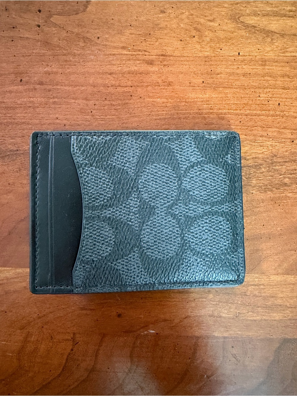 Coach Black Signature Pattern Leather Card Holder Wallet with Money Clip